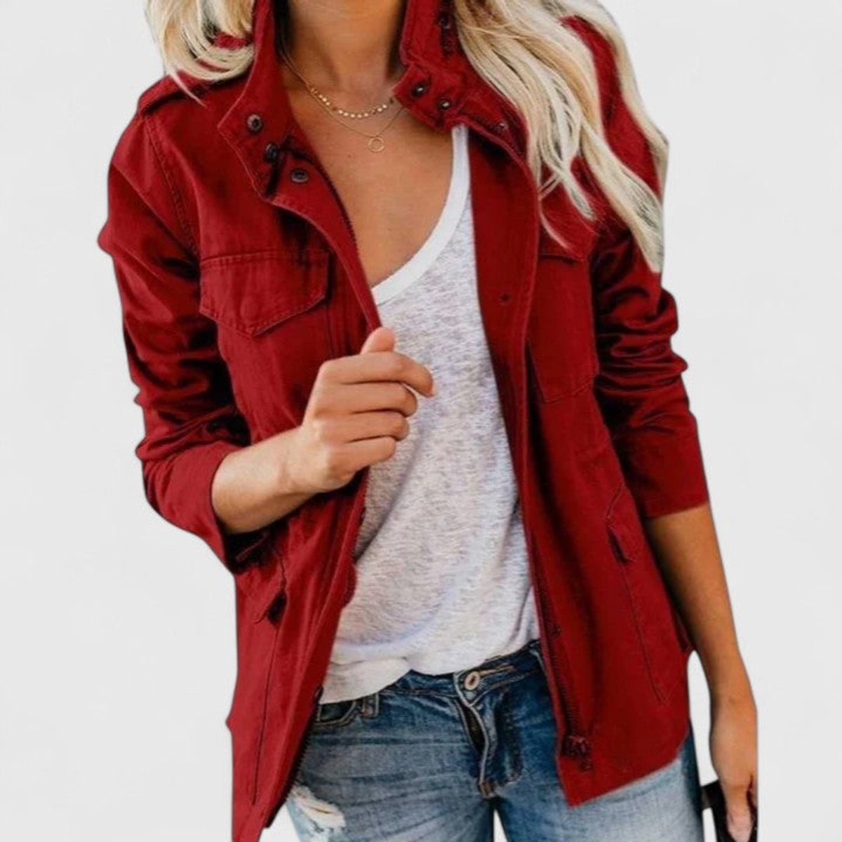 Women's Coat Lightweight Military Utility Jacket Drawstring Waist - Red