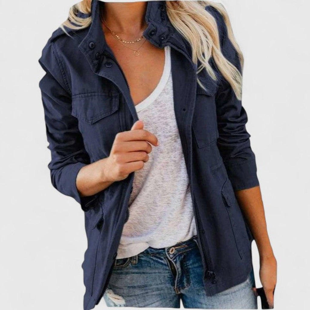 Women's Coat Lightweight Military Utility Jacket Drawstring Waist - Navy Blue