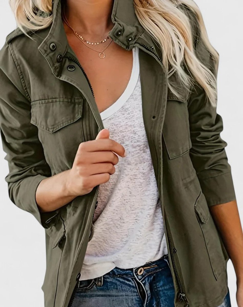 Women's Coat Lightweight Military Utility Jacket Drawstring Waist - Green