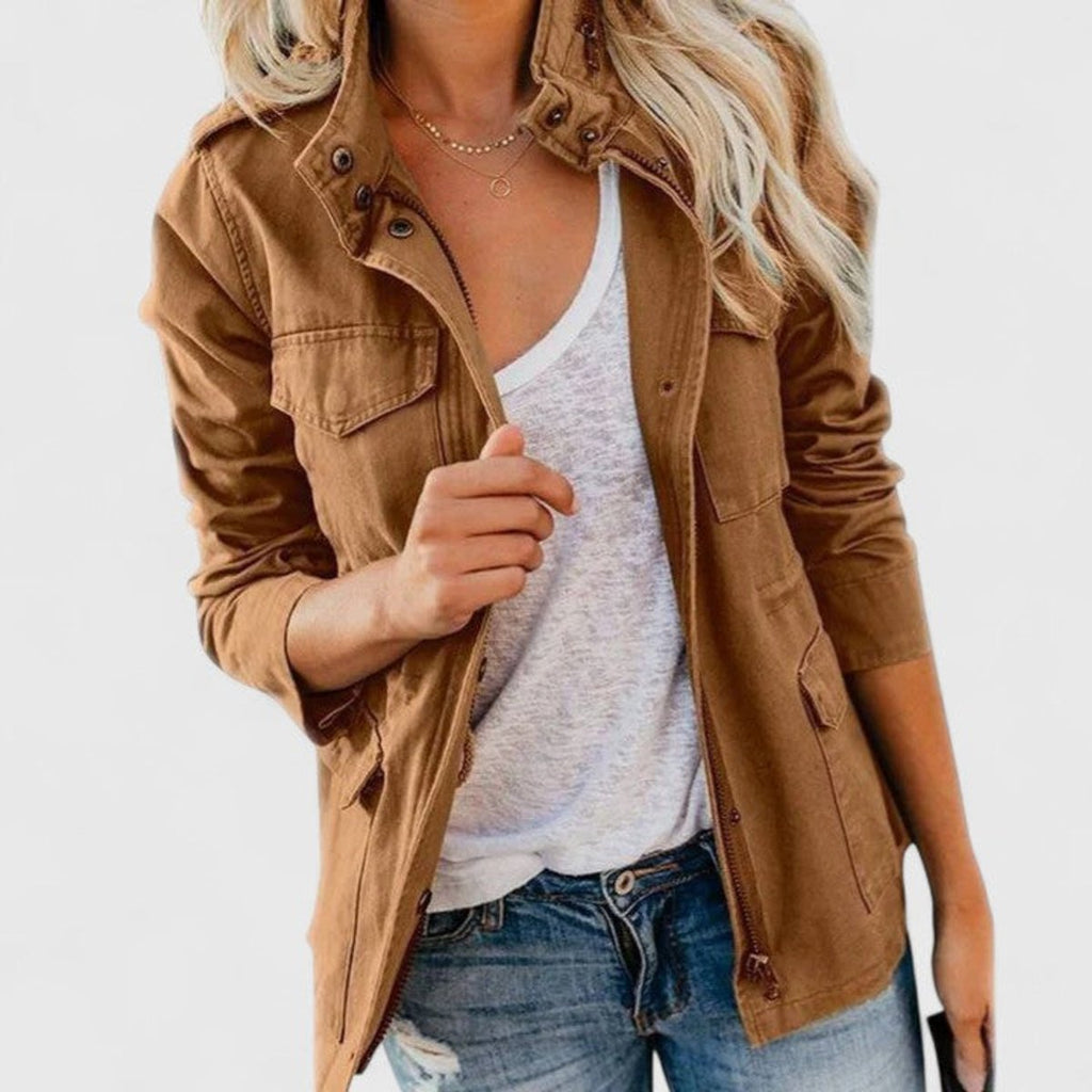 Women's Coat Lightweight Military Utility Jacket Drawstring Waist - Khaki