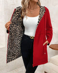 Women's Coat Reversible Hooded Leopard Print Zip-Up Jacket - Red