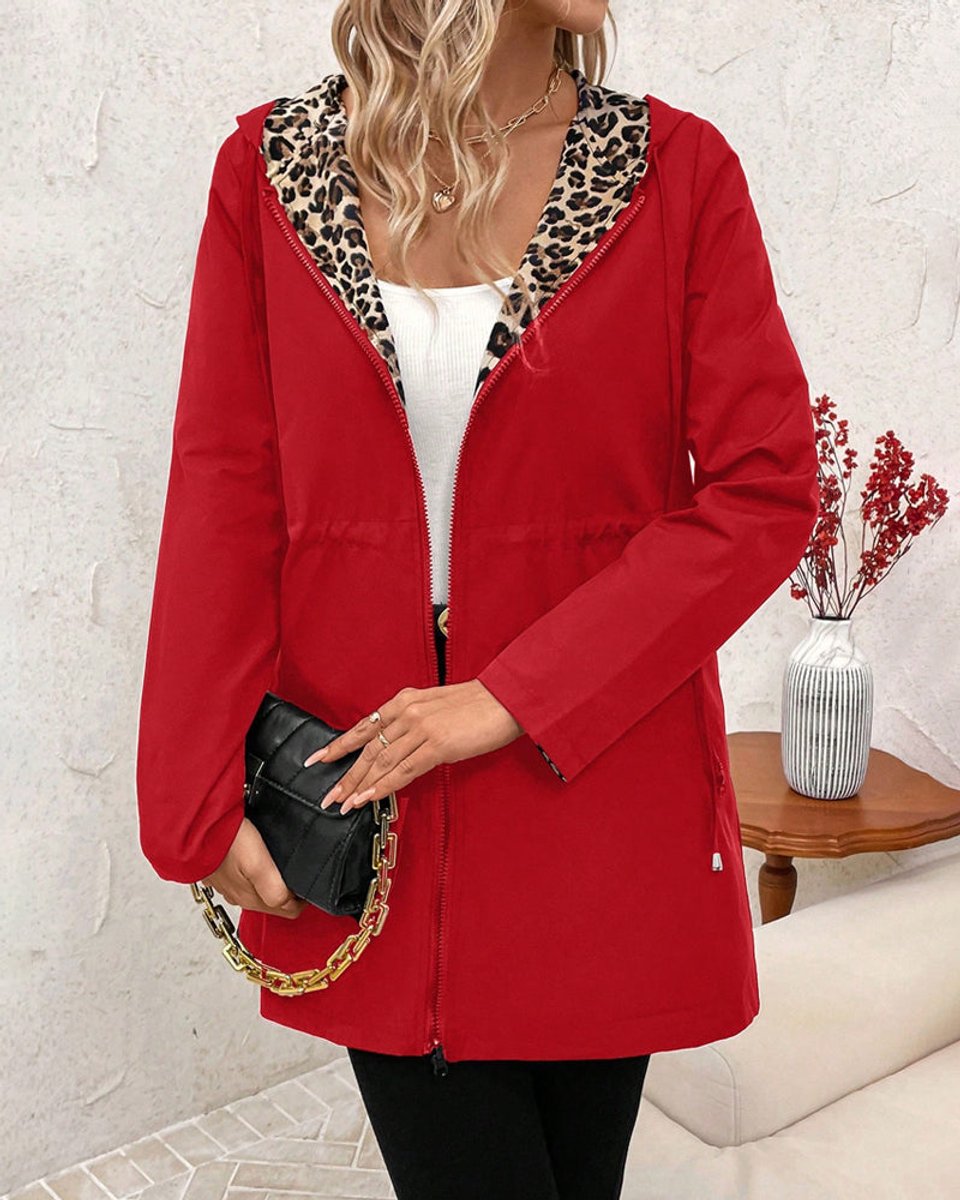 Women's Coat Reversible Hooded Leopard Print Zip-Up Jacket