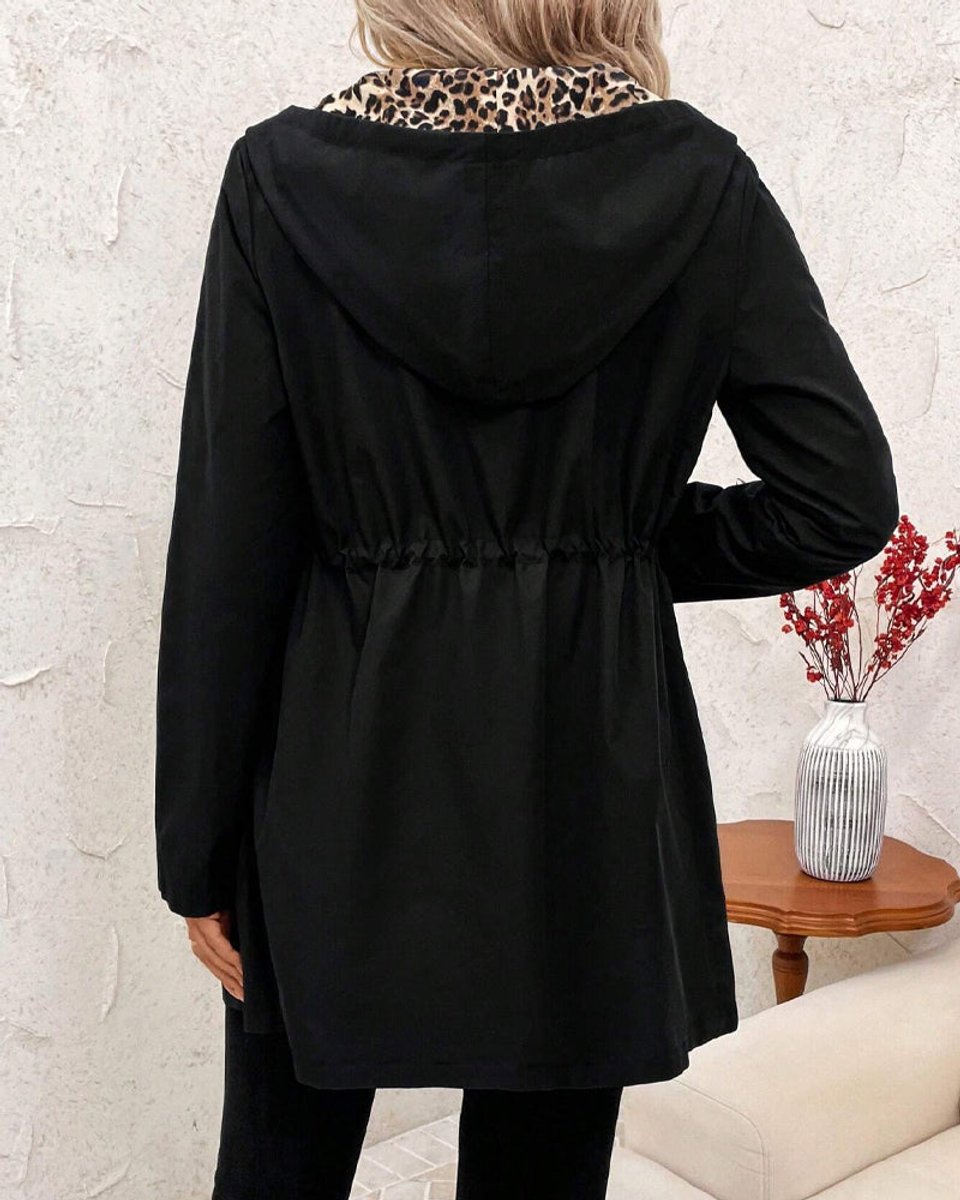 Women's Coat Reversible Hooded Leopard Print Zip-Up Jacket