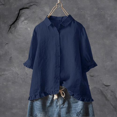 Women's Collared Button Blouse Ruffled Hem - Dark Blue