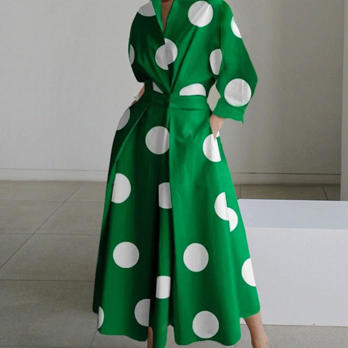 Women's Collared Maxi Shirt Dress Long Sleeve Newspaper Print - Green Polka Dot