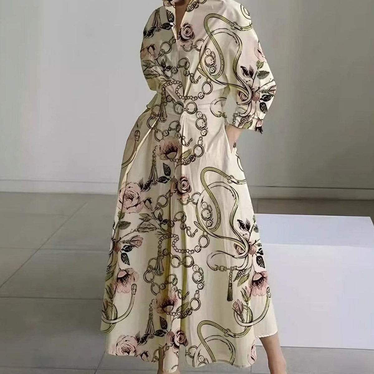 Women's Collared Maxi Shirt Dress Long Sleeve Newspaper Print - Gold Chain Print