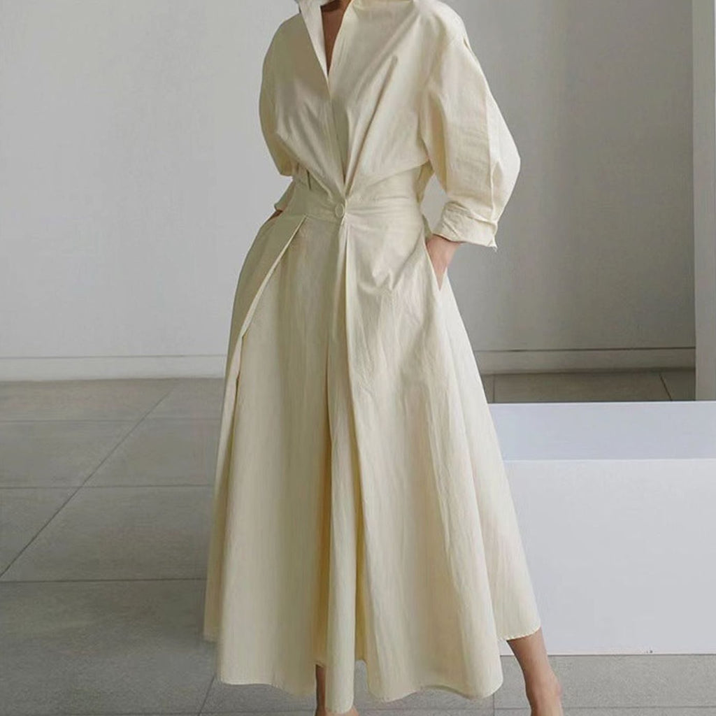 Women's Collared Maxi Shirt Dress Long Sleeve Newspaper Print - Apricot