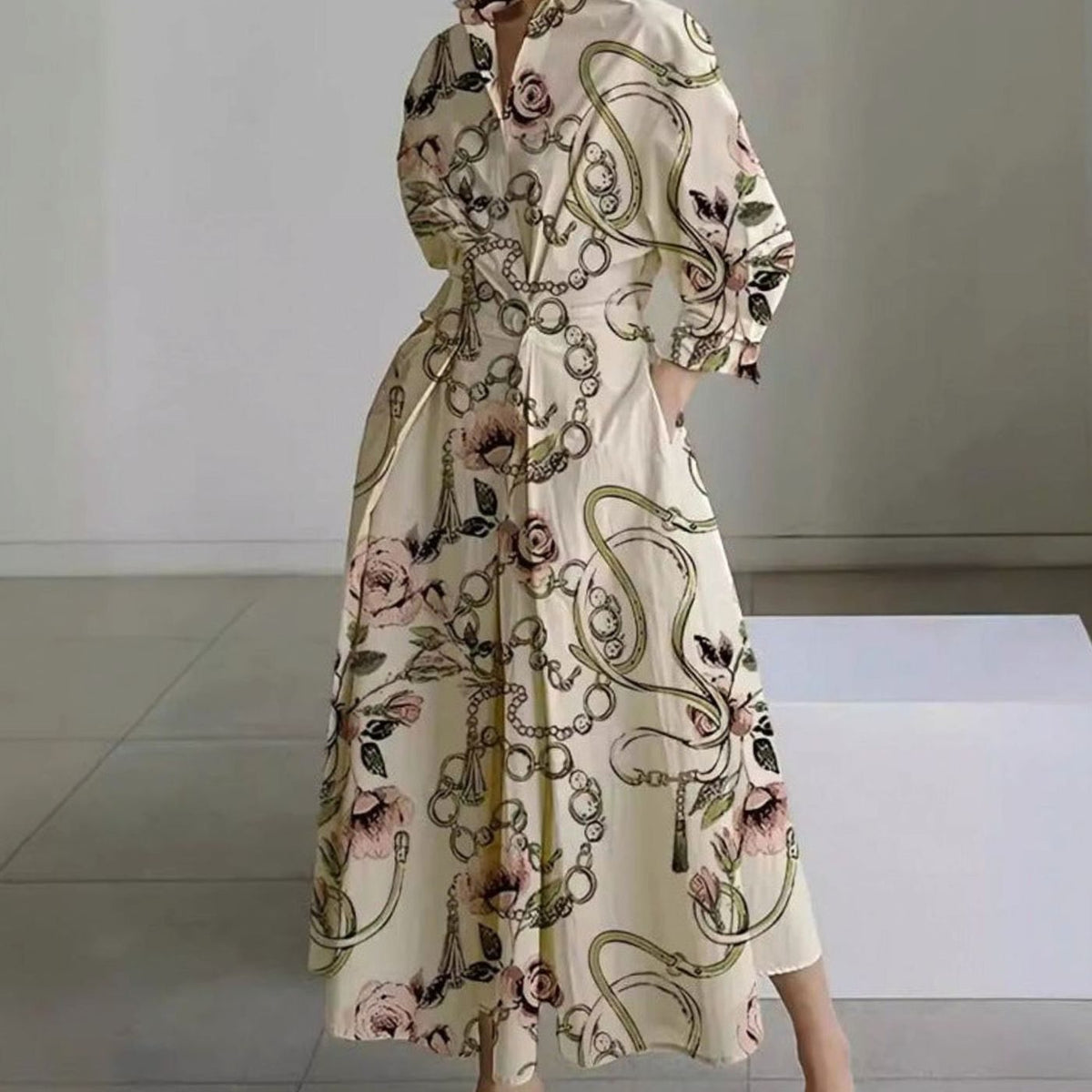 Women's Collared Maxi Shirt Dress Long Sleeve Newspaper Print