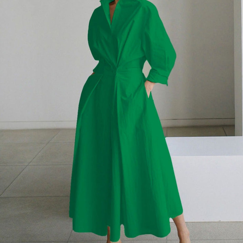 Women's Collared Maxi Shirt Dress Long Sleeve Newspaper Print - Green