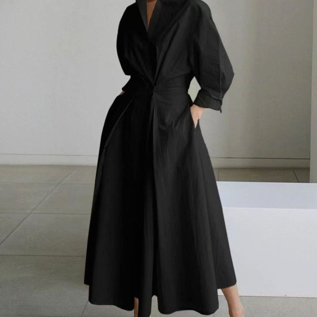 Women's Collared Maxi Shirt Dress Long Sleeve Newspaper Print - Black