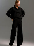 Women's Collared Wide-Leg Relaxed Fit Two-Piece Lounge Set - Black