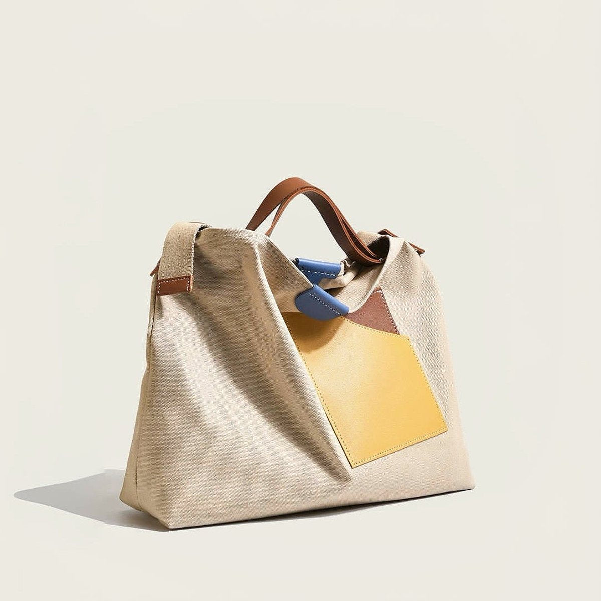 Women's Color-Block Canvas Tote Bag PU Leather Pocket Shoulder Bag