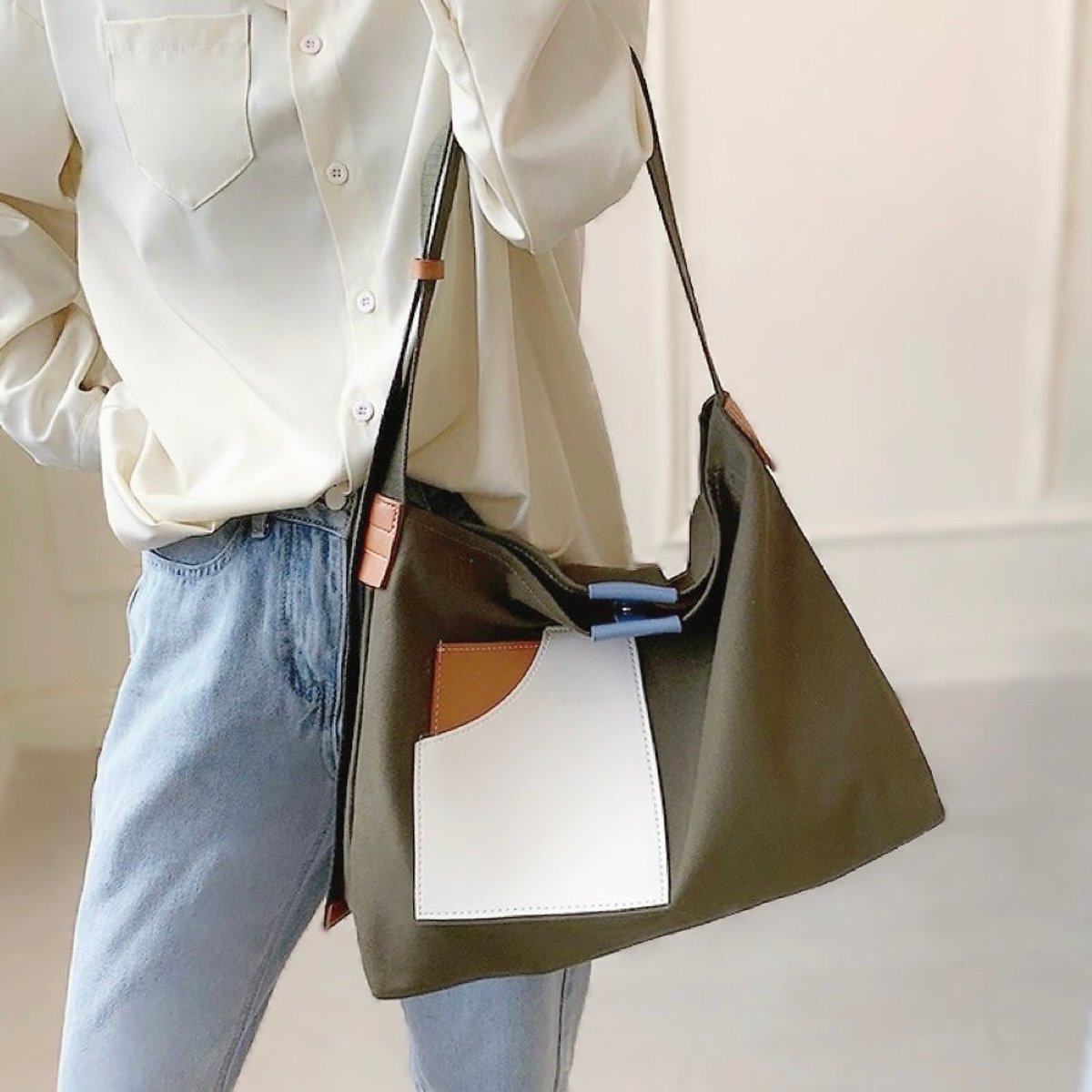 Women's Color-Block Canvas Tote Bag PU Leather Pocket Shoulder Bag - Grün