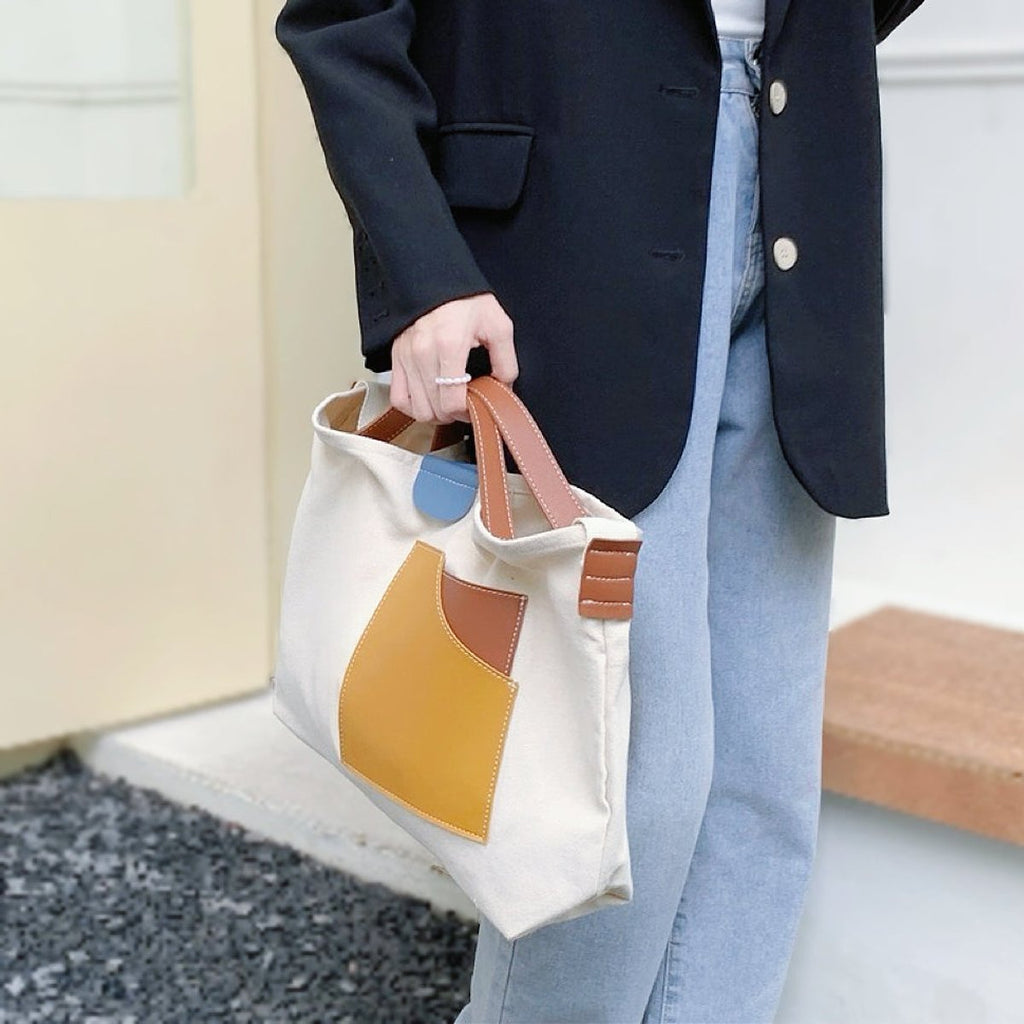 Women's Color-Block Canvas Tote Bag PU Leather Pocket Shoulder Bag - Weiß