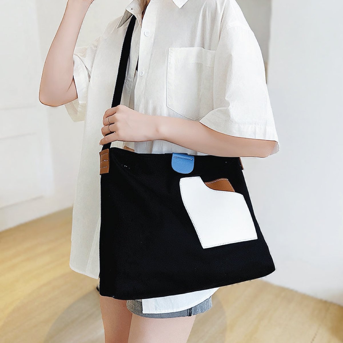 Women's Color-Block Canvas Tote Bag PU Leather Pocket Shoulder Bag - Schwarz