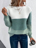 Women's Color Block Relaxed-Fit Crew Neck Knit Sweater - Green