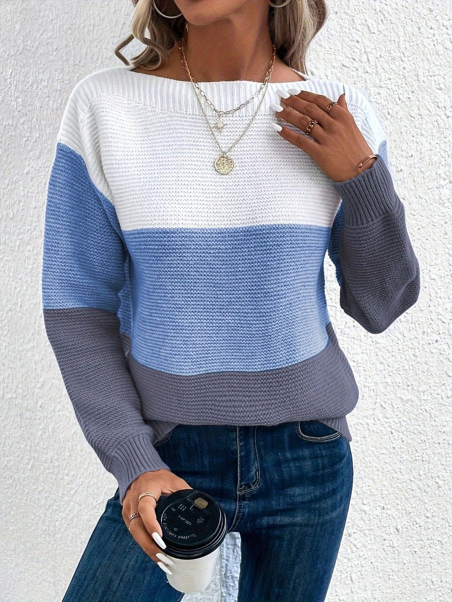 Women's Color Block Relaxed-Fit Crew Neck Knit Sweater - Blue