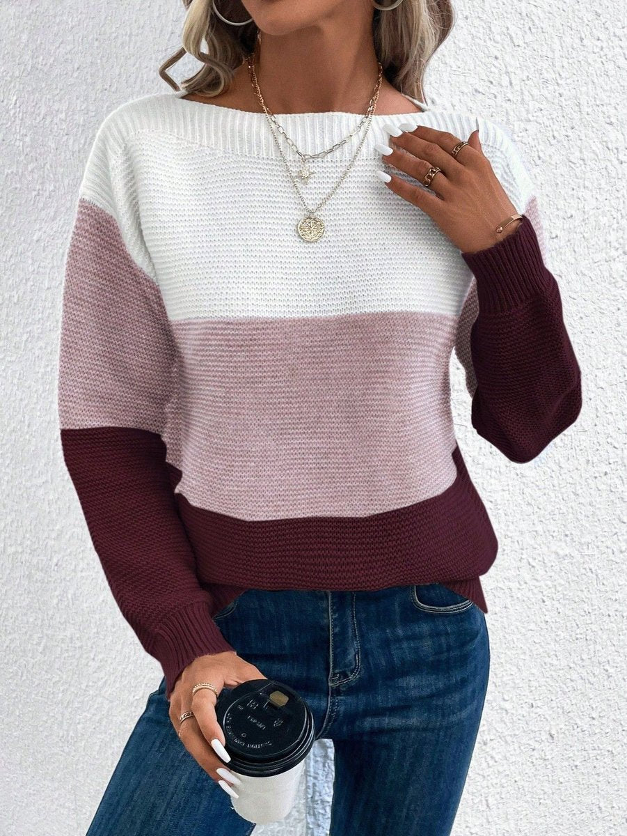 Women's Color Block Relaxed-Fit Crew Neck Knit Sweater - Burgundy