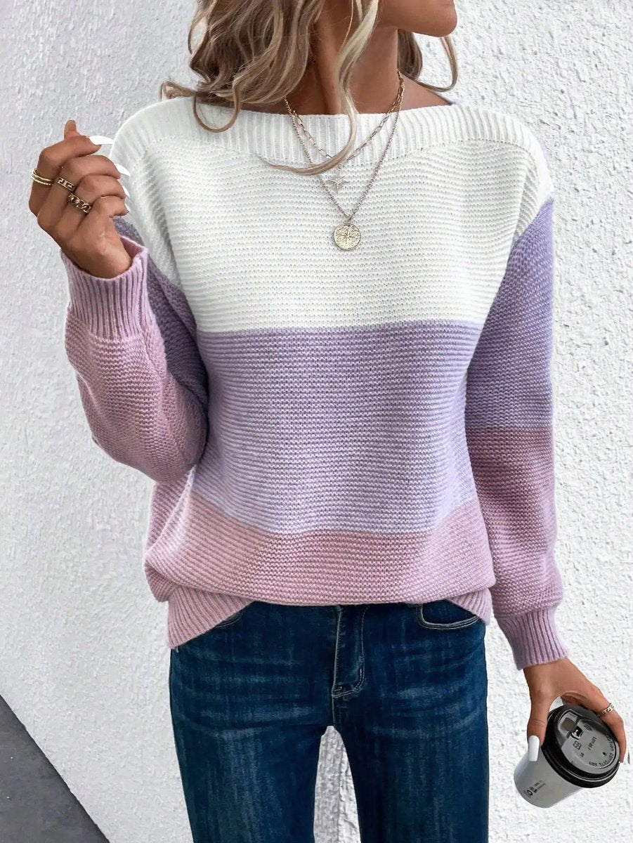 Women's Color Block Relaxed-Fit Crew Neck Knit Sweater - Purple