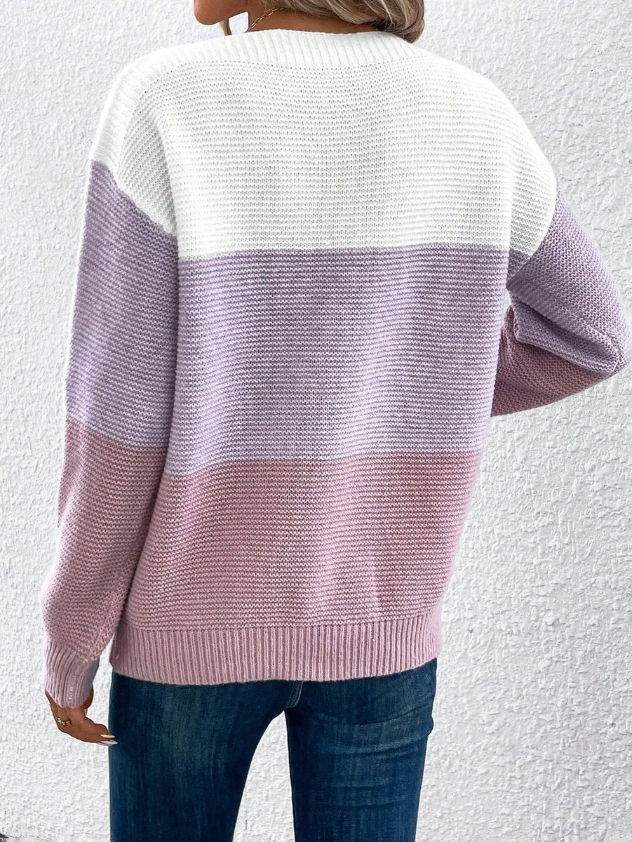 Women's Color Block Relaxed-Fit Crew Neck Knit Sweater