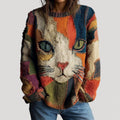 Women's Colorblock Cat Graphic Knit Sweater Relaxed Fit Pullover - Multicolor
