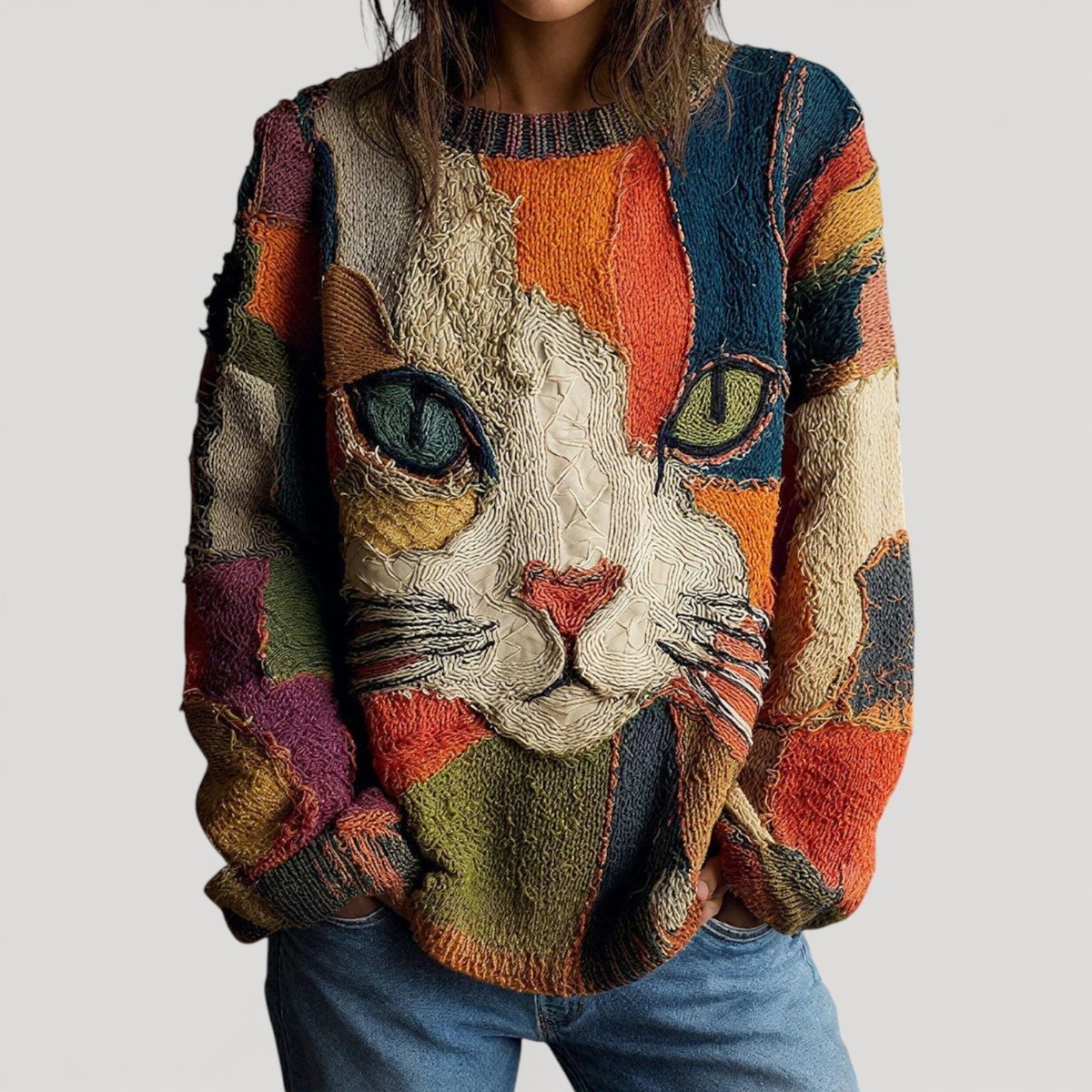 Women's Colorblock Cat Graphic Knit Sweater Relaxed Fit Pullover - Multicolor