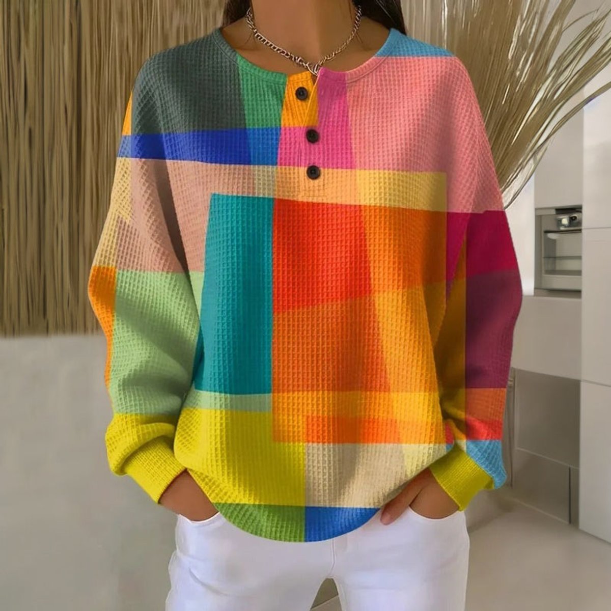 Women's Colorblock Waffle-Knit Long Sleeve Henley Sweater - Multicolor