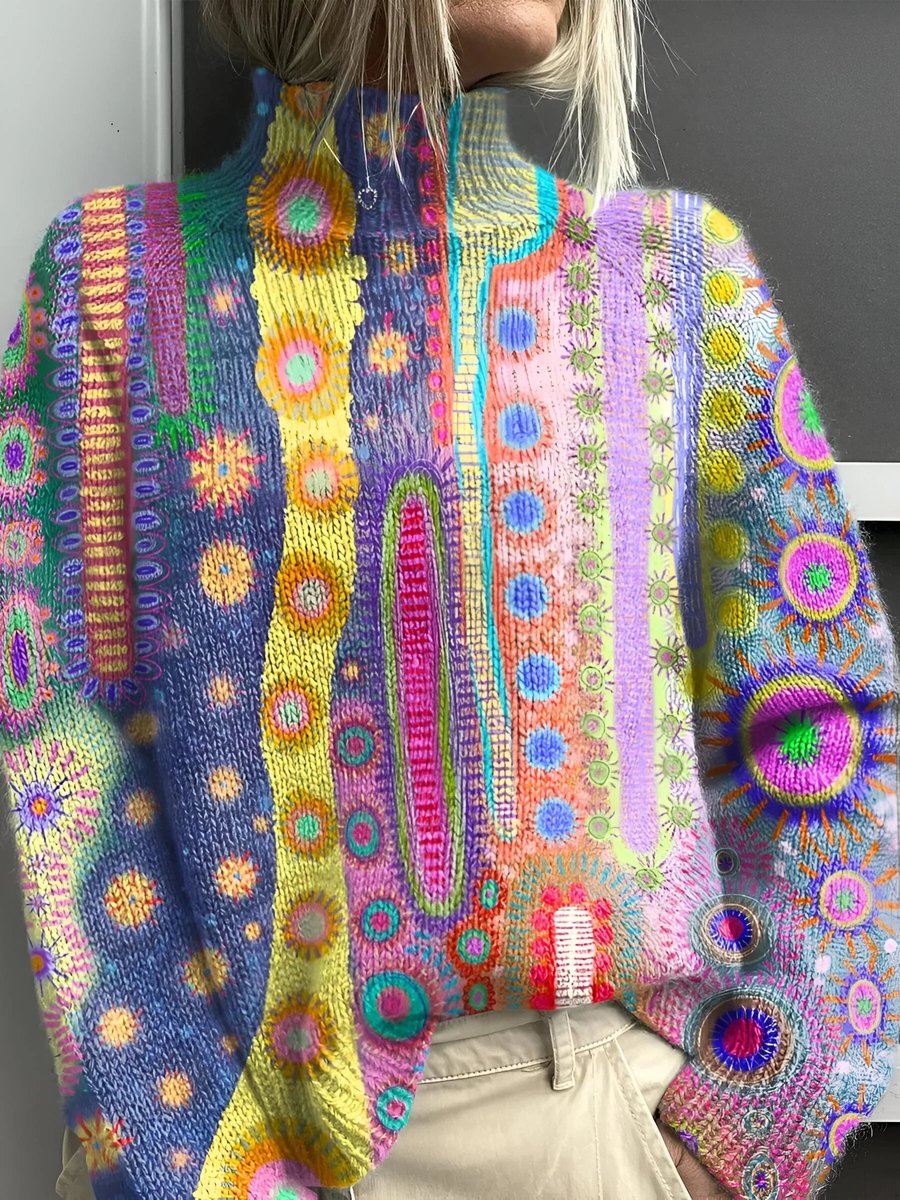 Women's Colorful Abstract Knit Turtleneck Sweater