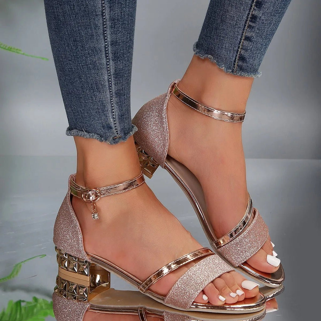 Women's Comfortable Sandals Ankle Strap Block Heel Glitter