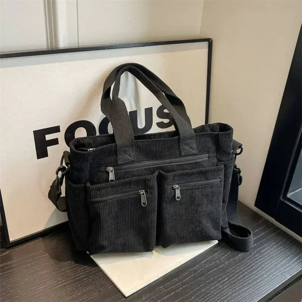 Women's Corduroy Multi-Pocket Tote Bag Crossbody Shoulder Bag - Schwarz