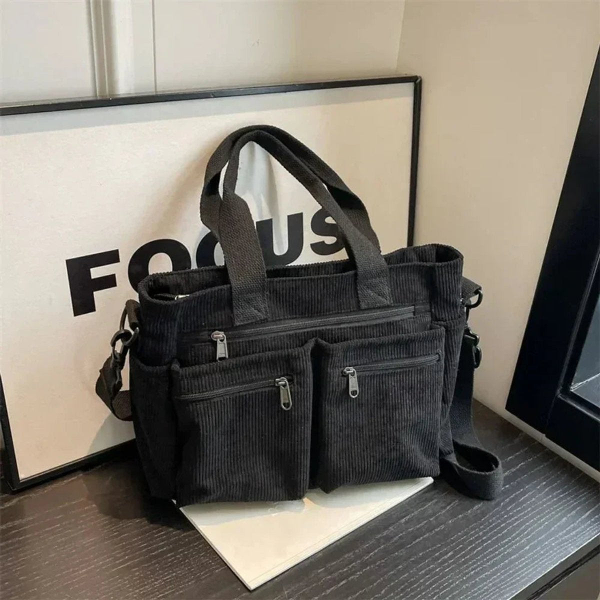 Women's Corduroy Multi-Pocket Tote Bag Crossbody Shoulder Bag - Schwarz