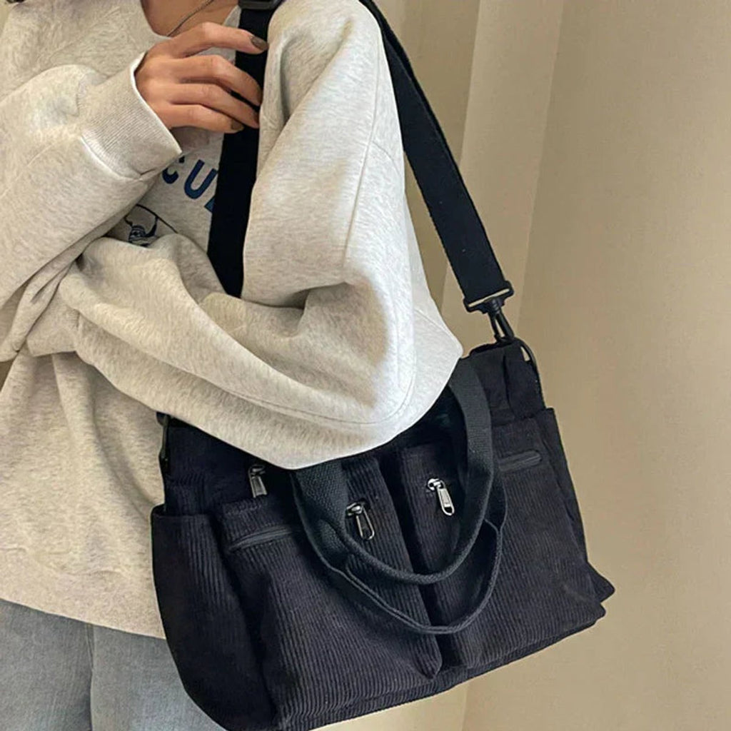 Women's Corduroy Multi-Pocket Tote Bag Crossbody Shoulder Bag