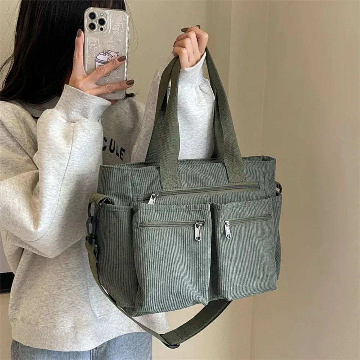 Women's Corduroy Multi-Pocket Tote Bag Crossbody Shoulder Bag