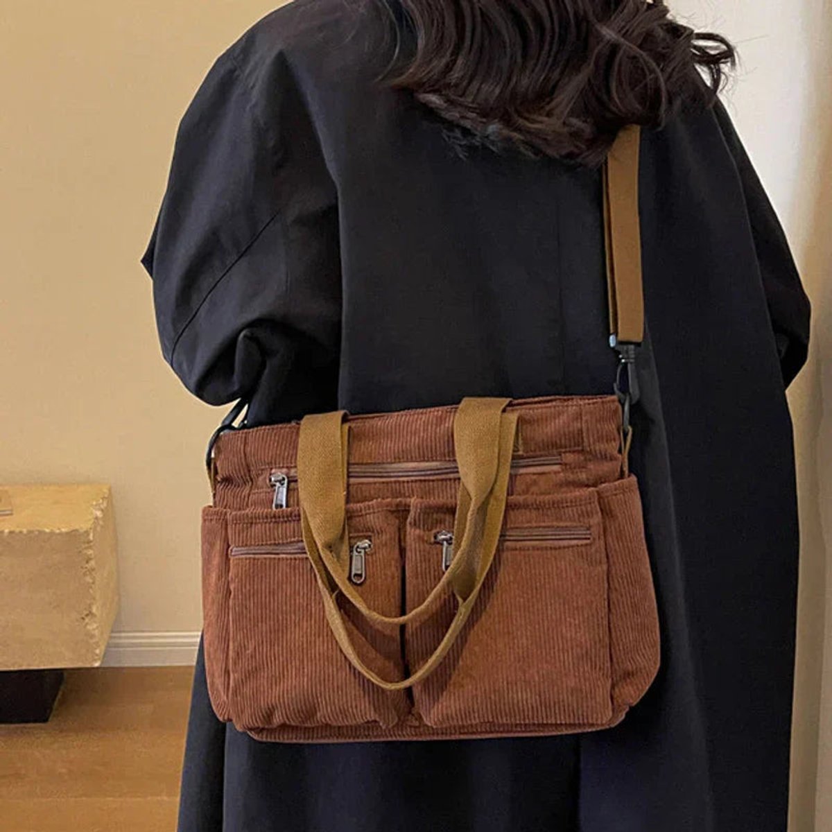 Women's Corduroy Multi-Pocket Tote Bag Crossbody Shoulder Bag