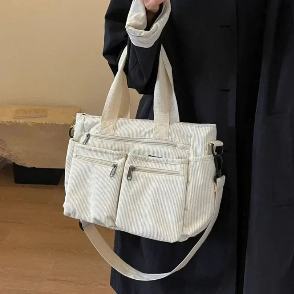 Women's Corduroy Multi-Pocket Tote Bag Crossbody Shoulder Bag