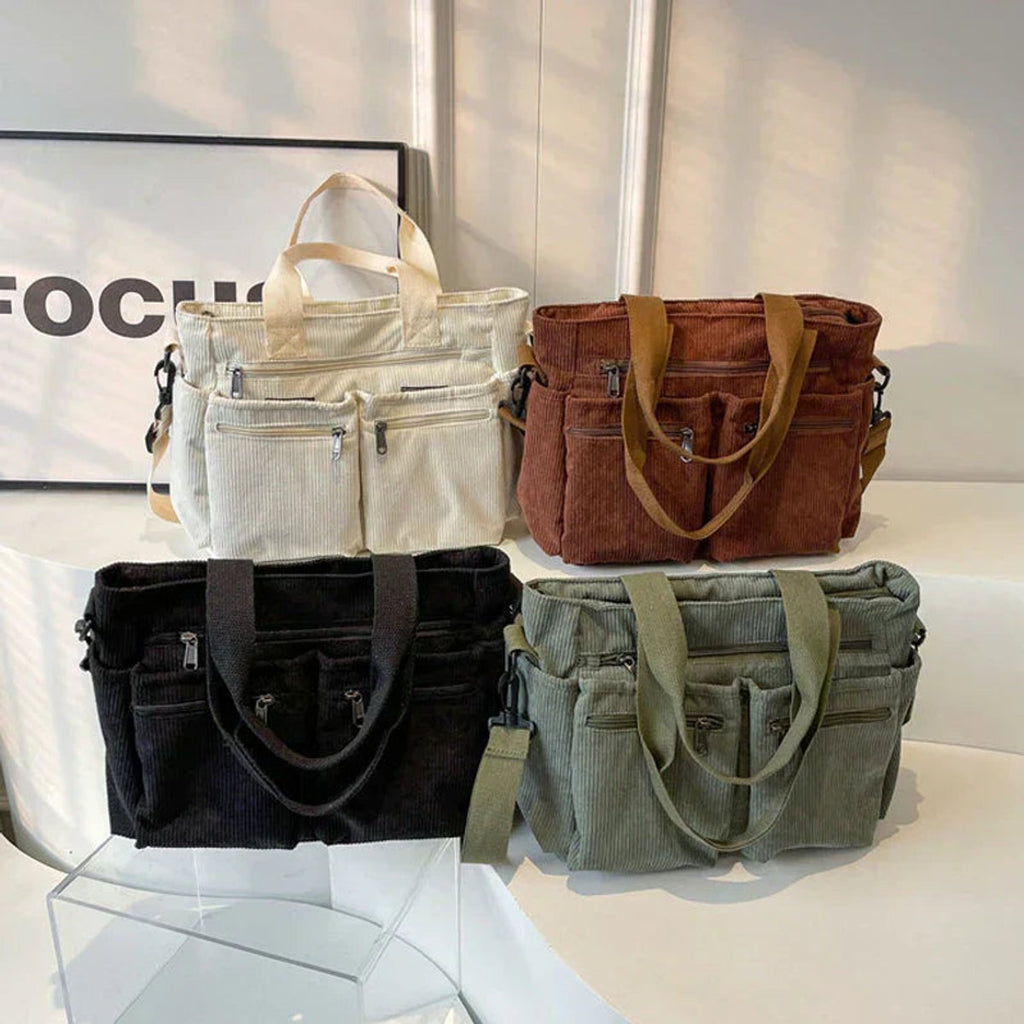 Women's Corduroy Multi-Pocket Tote Bag Crossbody Shoulder Bag