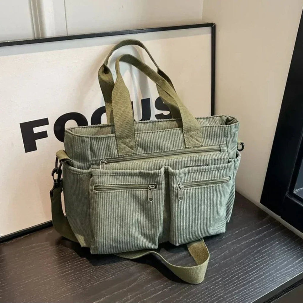 Women's Corduroy Multi-Pocket Tote Bag Crossbody Shoulder Bag - Grün