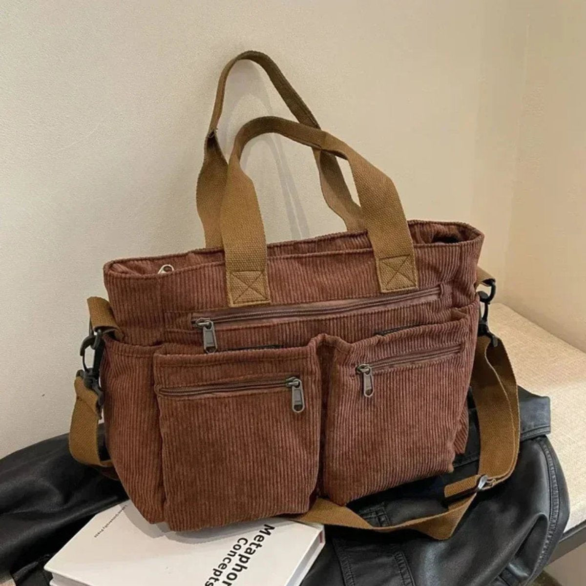 Women's Corduroy Multi-Pocket Tote Bag Crossbody Shoulder Bag - Braun