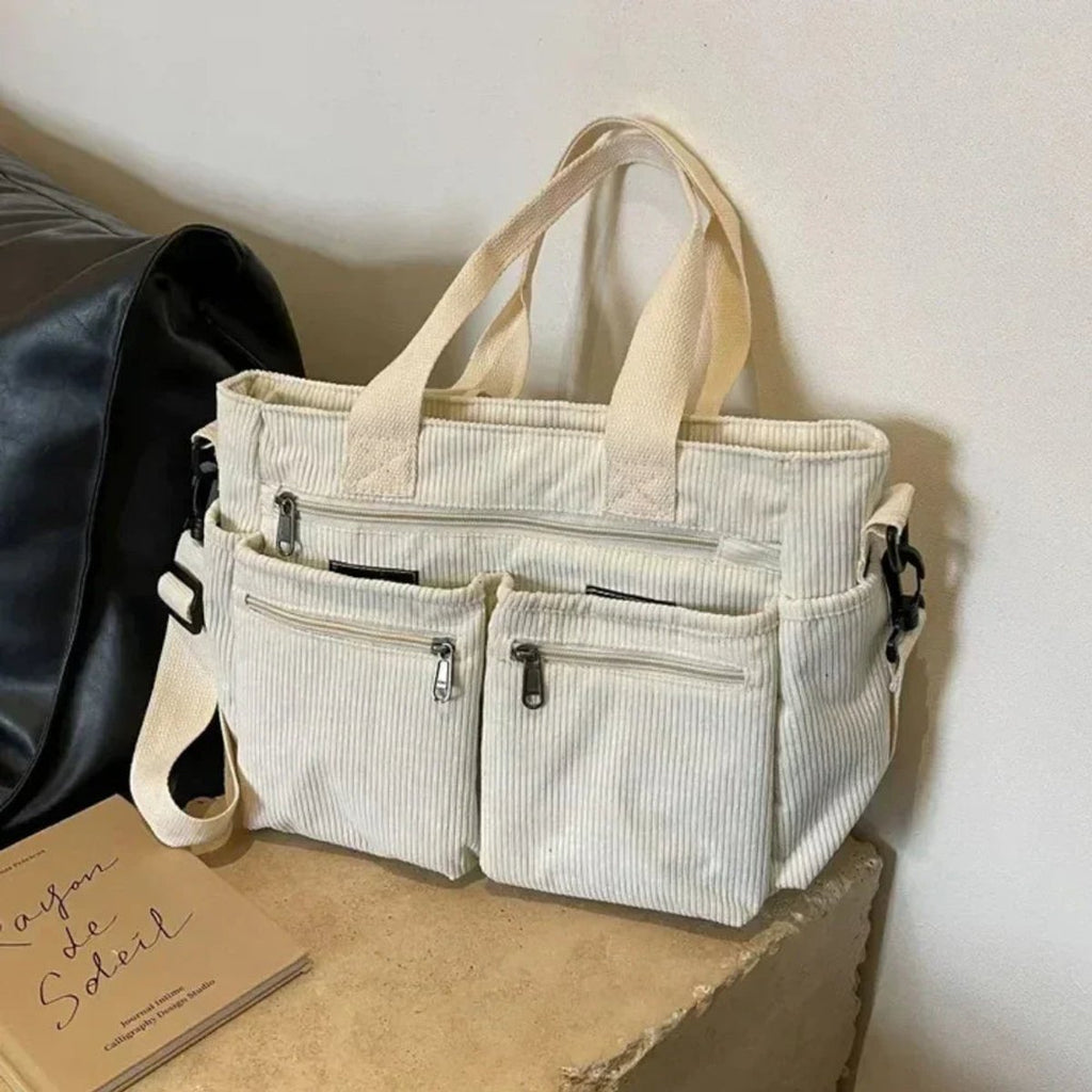 Women's Corduroy Multi-Pocket Tote Bag Crossbody Shoulder Bag - Beige