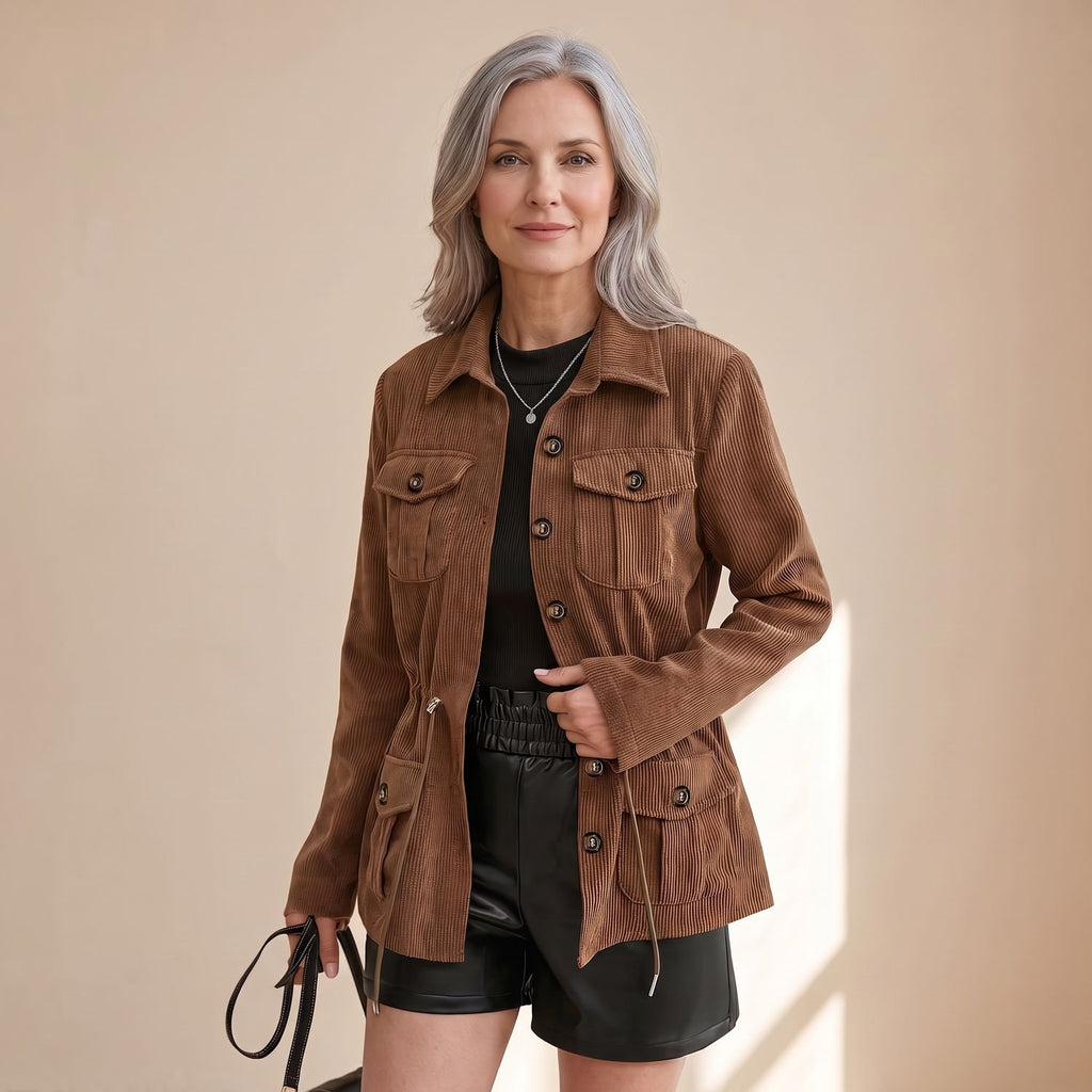 Women's Corduroy Utility Jacket Drawstring Waist Button-Down - Brown