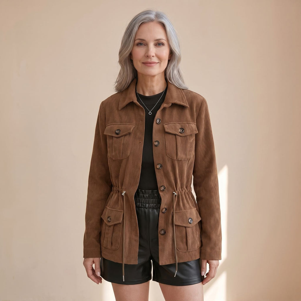 Women's Corduroy Utility Jacket Drawstring Waist Button-Down