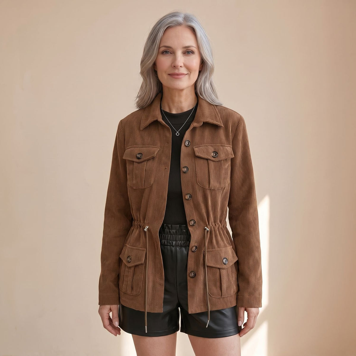 Women's Corduroy Utility Jacket Drawstring Waist Button-Down