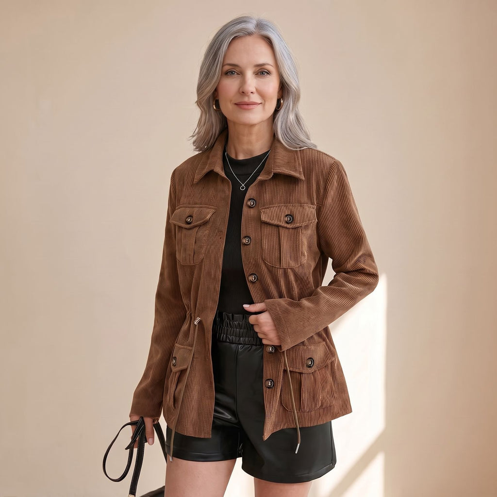 Women's Corduroy Utility Jacket Drawstring Waist Button-Down