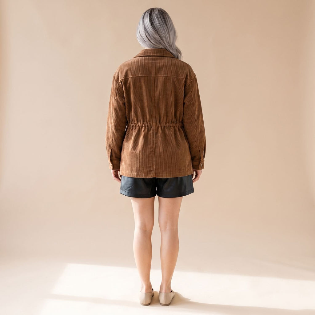 Women's Corduroy Utility Jacket Drawstring Waist Button-Down