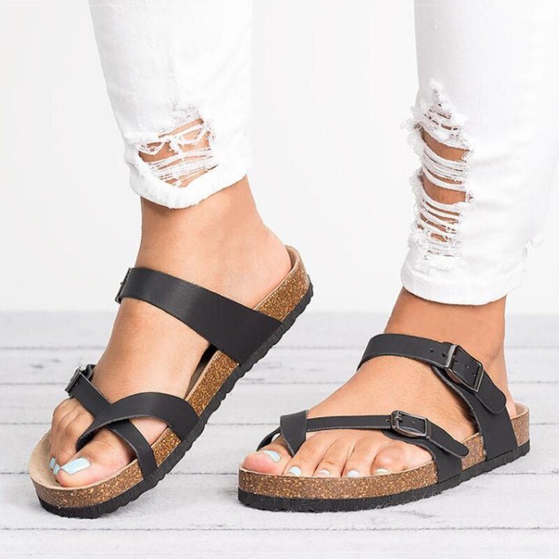 Women's Cork Footbed Toe-Ring Buckle Strap Flat Sandals - Black