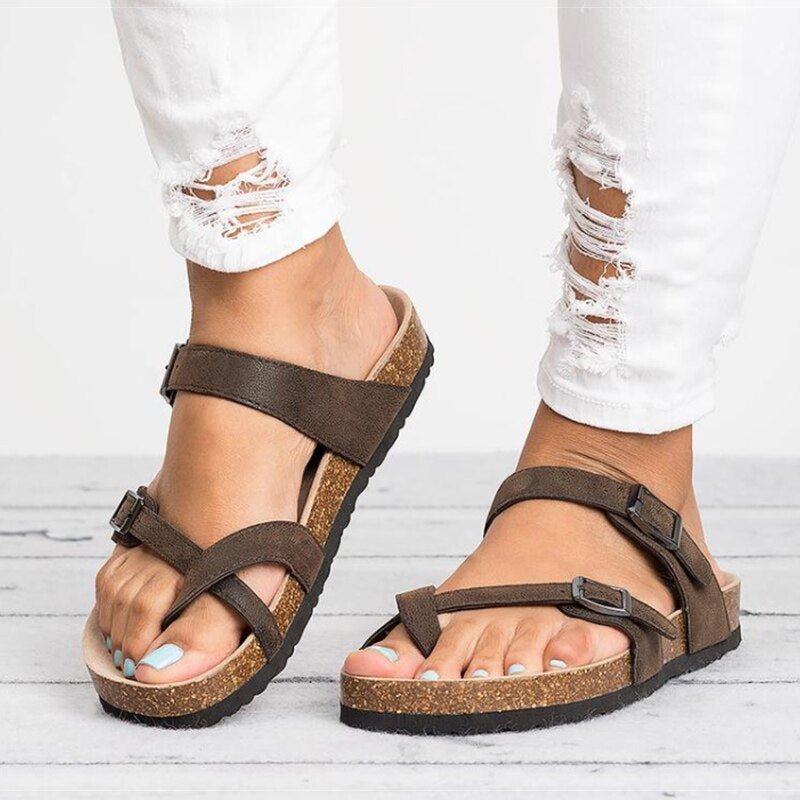 Women's Cork Footbed Toe-Ring Buckle Strap Flat Sandals - Brown