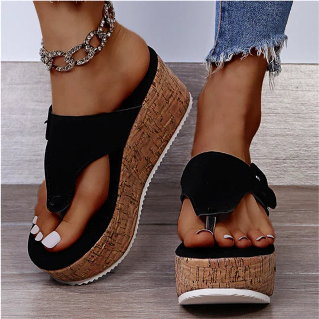 Women's Cork Wedge Flip-Flop Comfortable Sandals Bow-Accent Thong - Black
