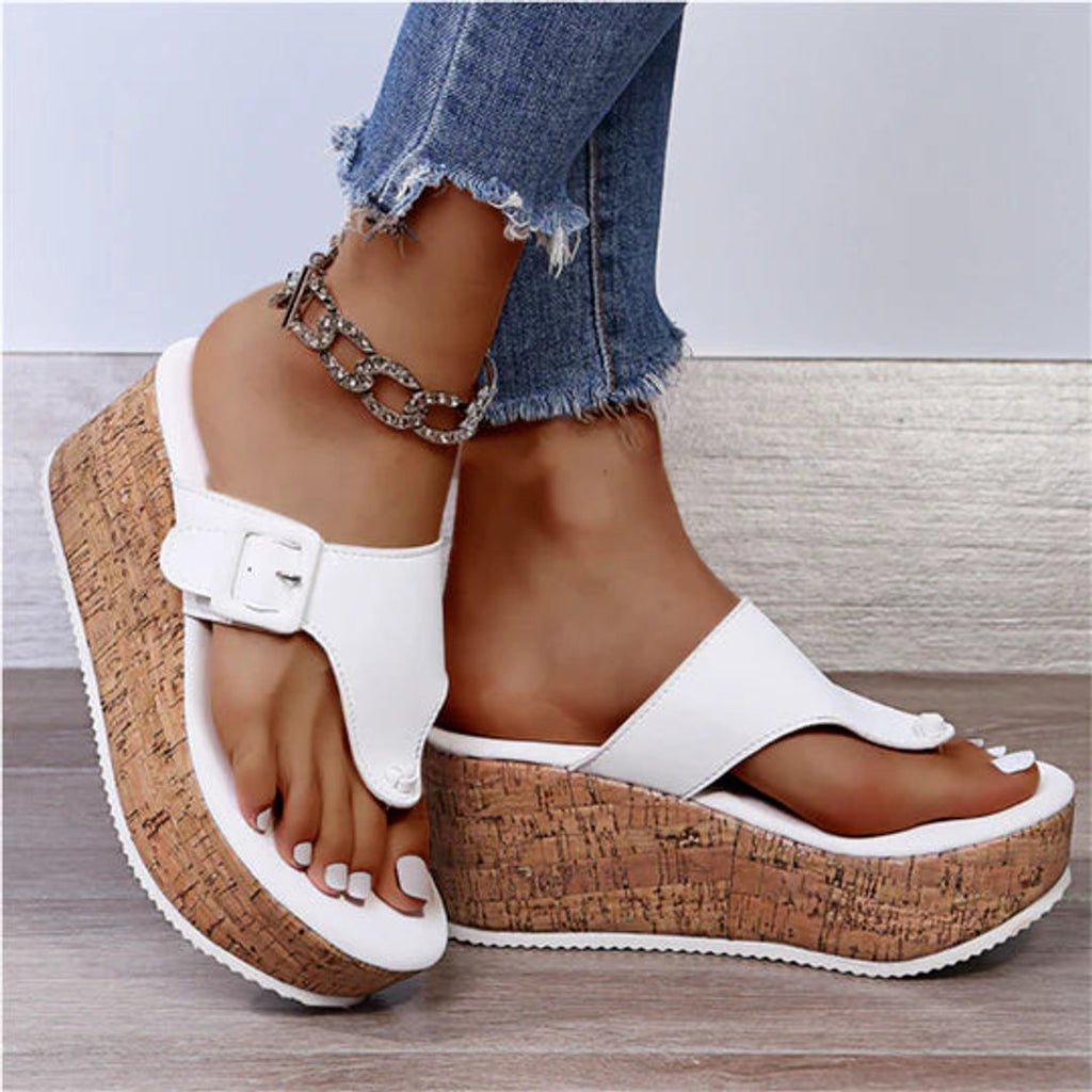 Women's Cork Wedge Flip-Flop Comfortable Sandals Bow-Accent Thong - White