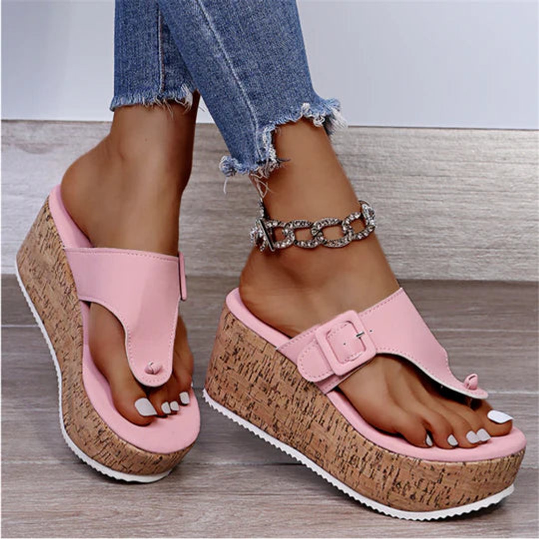 Women's Cork Wedge Flip-Flop Comfortable Sandals Bow-Accent Thong - Pink