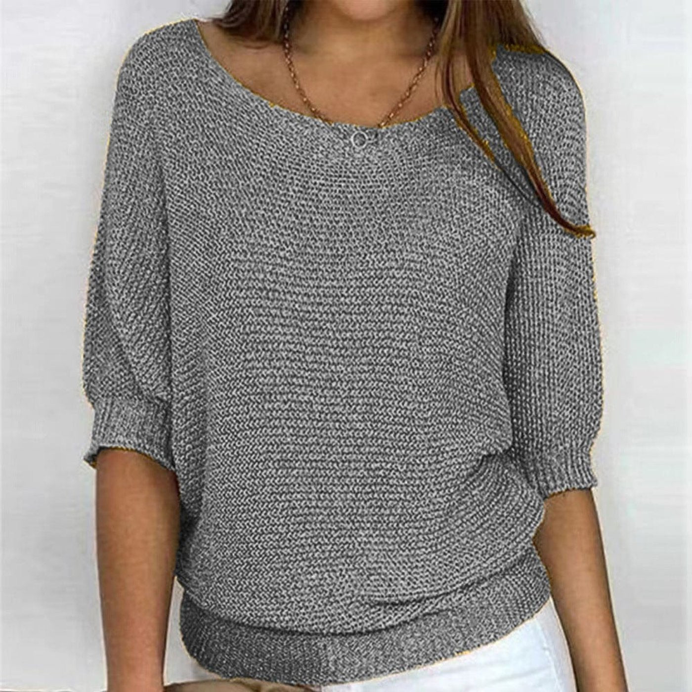 Women's Cotton-Blend Oversized 3/4 Sleeve Sweater - Gray